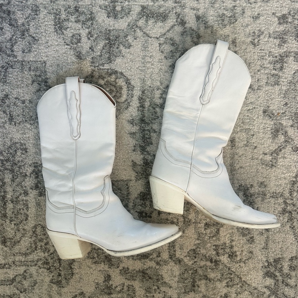 White Mid-Calf Leather Cowboy Boots - Women's
